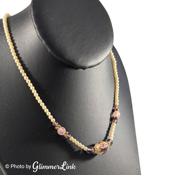 1928 Company Faux Pearl Pink Purple Roses Beaded Necklace - Picture 2 of 9
